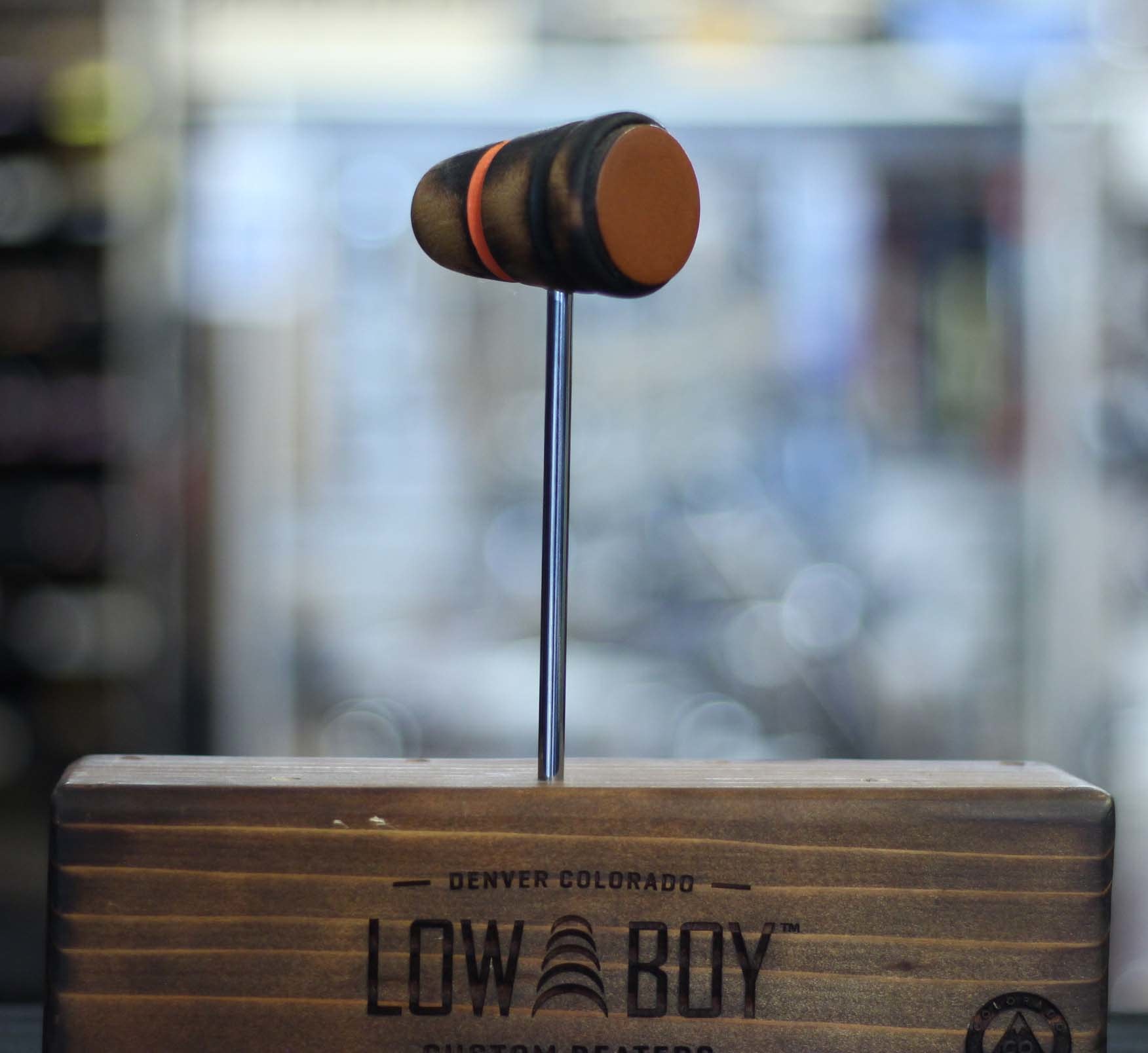 Low Boy Leather Daddy Bass Drum Beater Burnt Orange w/ Black Stripes Rupp's Drums