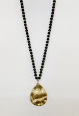 Long  Beaded Wooden Necklace with Worn Metal Pendant-black/gold