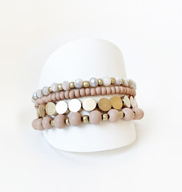 Set of 4 Bracelets with Wood and Metal Beads-pink/gold