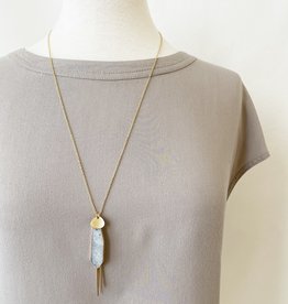 Adjustable Long Necklace with Real Stone - Grey and Gold