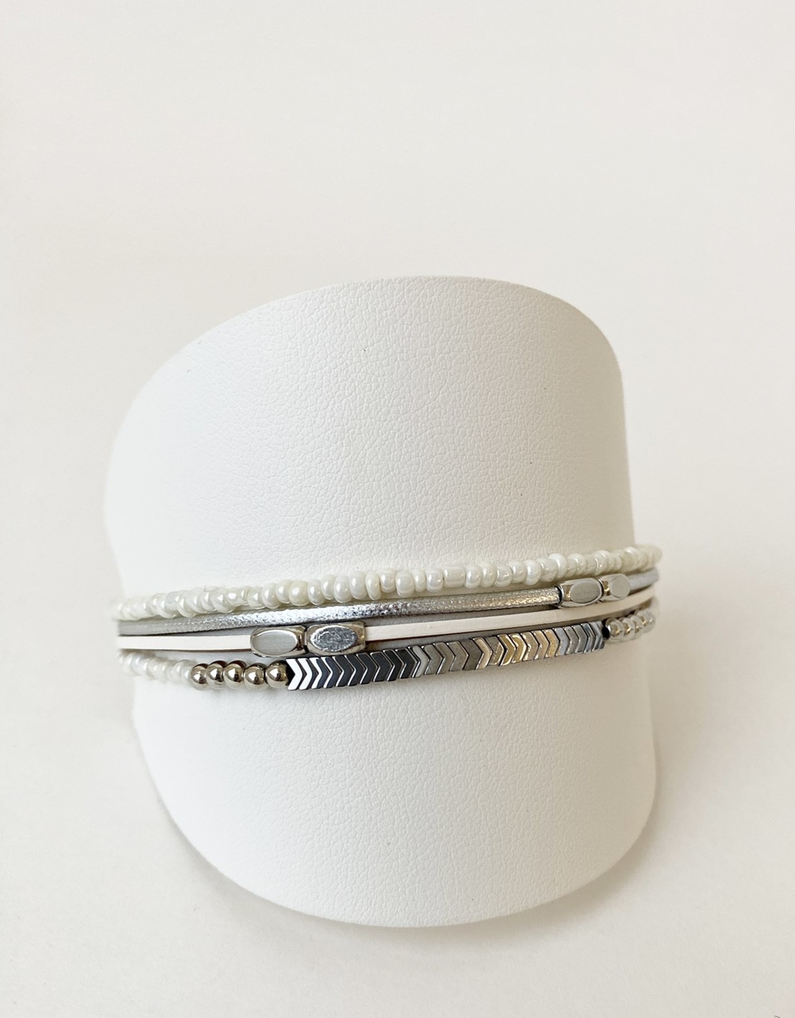 White, Silver & Gold Multi Strand Bracelet with Metal Beads