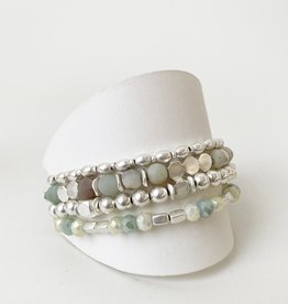 Turquoise & Silver Set of 4 Bracelets with Real Stones; Glass & Metal Beads in Worn Finish