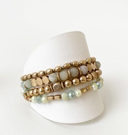Turquoise & Gold Set of 4 Bracelets with Real Stones; Glass & Metal Beads in Worn Finish