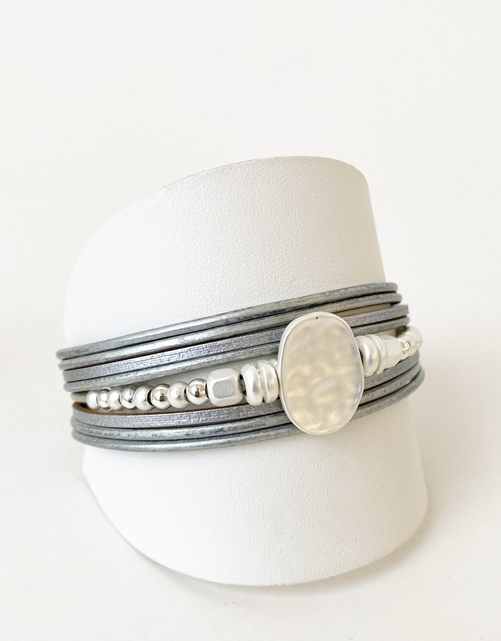 Grey, Silver & Hematite Multi Strand Leather Bracelet with Metal Beads