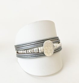 Grey, Silver & Hematite Multi Strand Leather Bracelet with Metal Beads