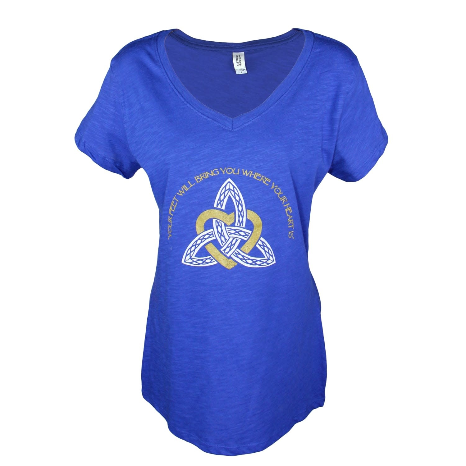 T Shirt: Womens Blue Trinity Heart V Neck - Celtic Heritage