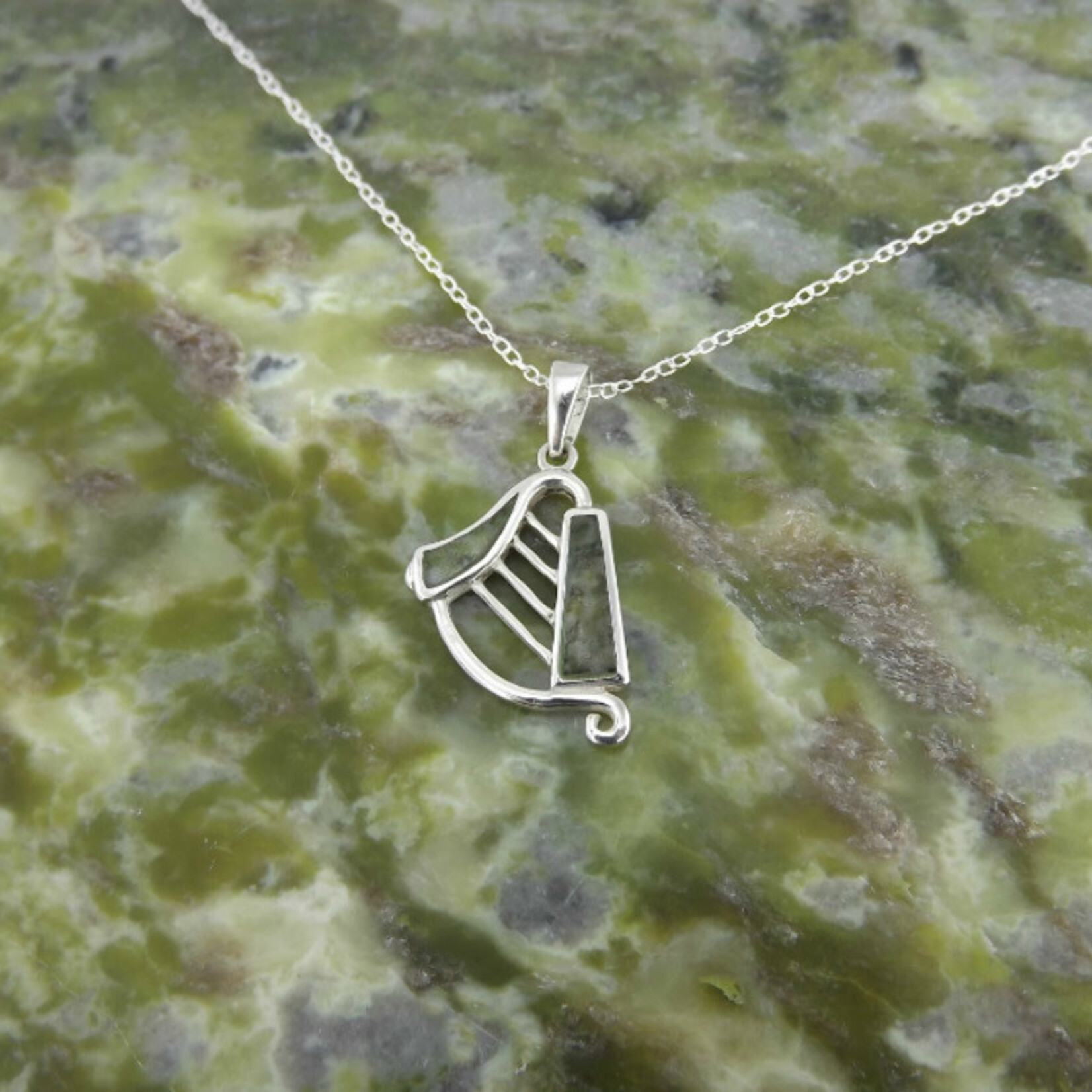 Necklace: SS Harp, Connemara Marble