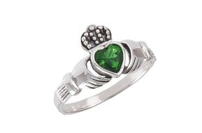 Ring: Claddagh, Green CZ Heart, SS