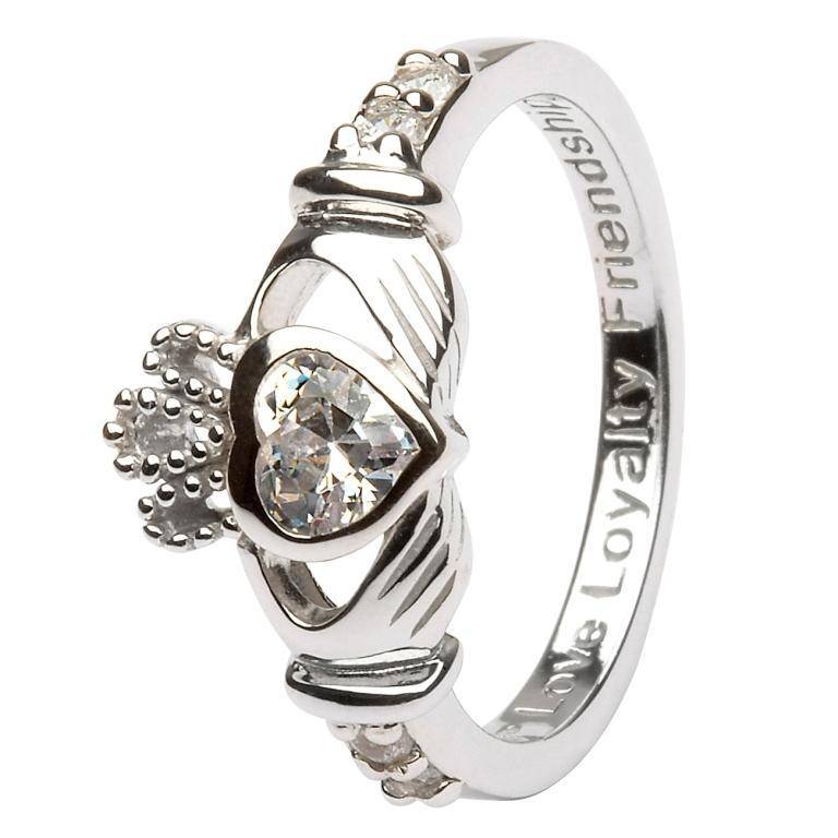 Shanore Ring: SS Claddagh April Clear CZ Birthstone