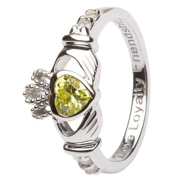 Shanore Ring: SS Claddagh Aug Peridot Birthstone