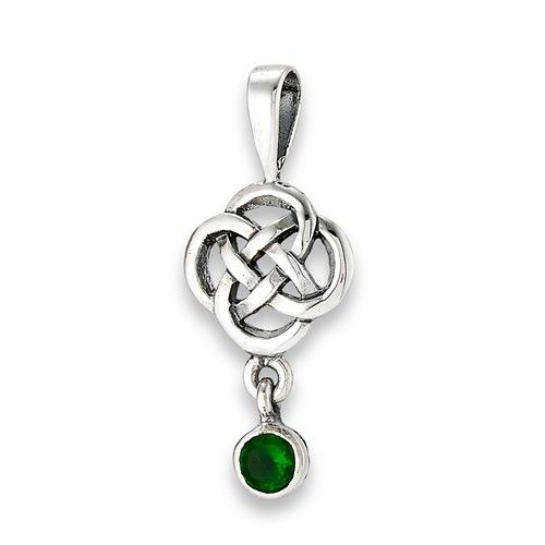 Pendant: SS Celtic Knot, Green CZ Dangle WE9364