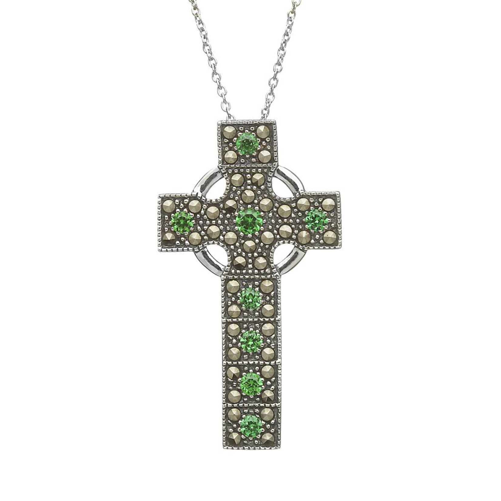 Anu Necklace: Sterling Silver Marcasite/Emerald Cross