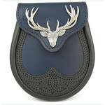 Sporran: Brogued Saddle Leather, Big Stag, Blue w/Black Trim