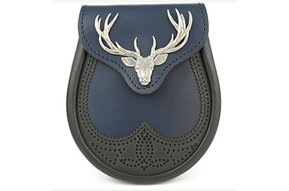 Sporran: Brogued Saddle Leather, Big Stag, Blue w/Black Trim