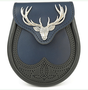 Glen Esk Sporran: Brogued Saddle Leather, Big Stag, Blue w/Black Trim