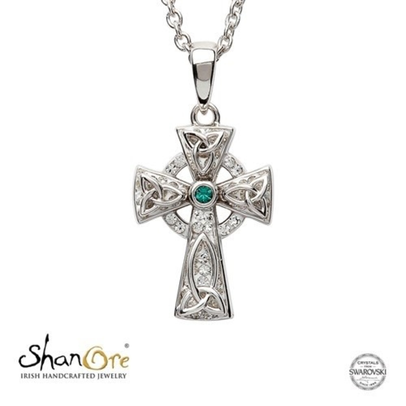 Shanore Necklace: SS Grn/White Crystal Cross