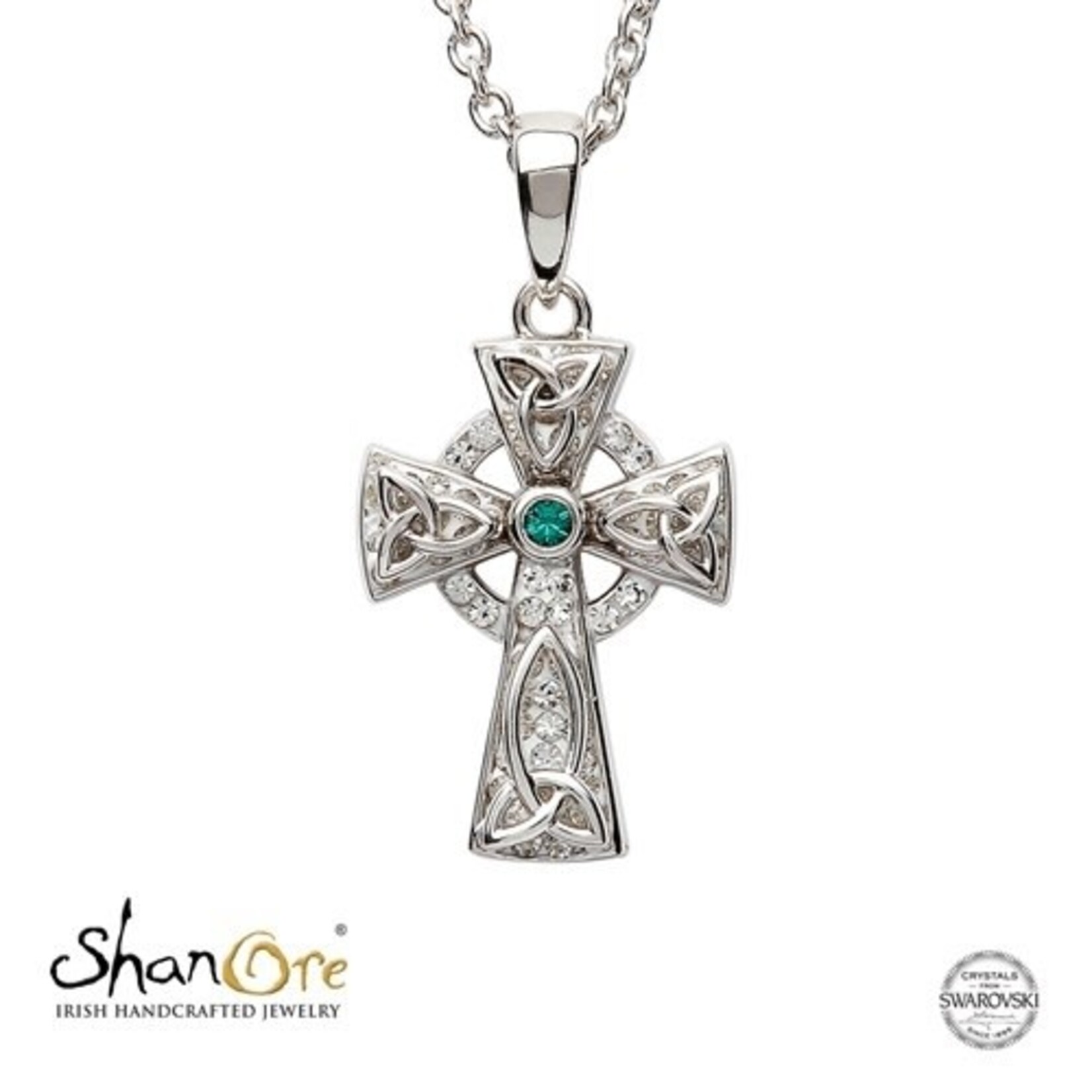 Necklace: SS Grn/White Crystal Cross