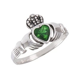 Ring: Claddagh, Green CZ Heart, SS