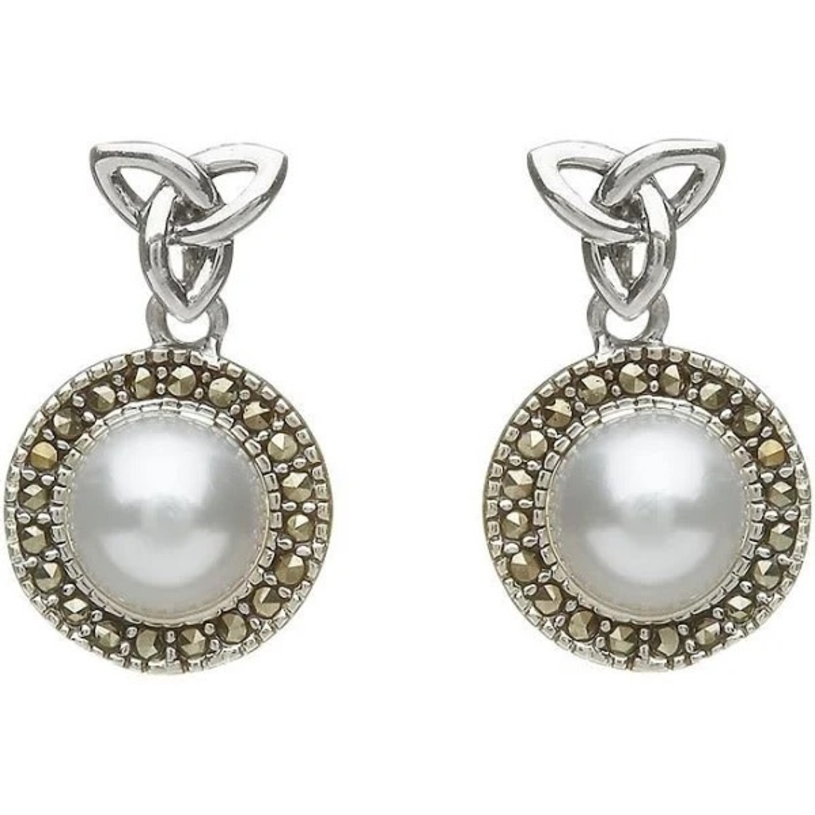 Anu Earrings: SS Marcasite Trinity Pearl