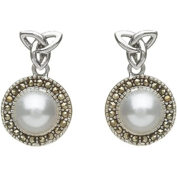 Anu Earring: SS Marcasite Trinity Pearl