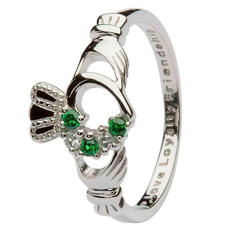 Shanore Ring: SS Grn CZ Claddagh