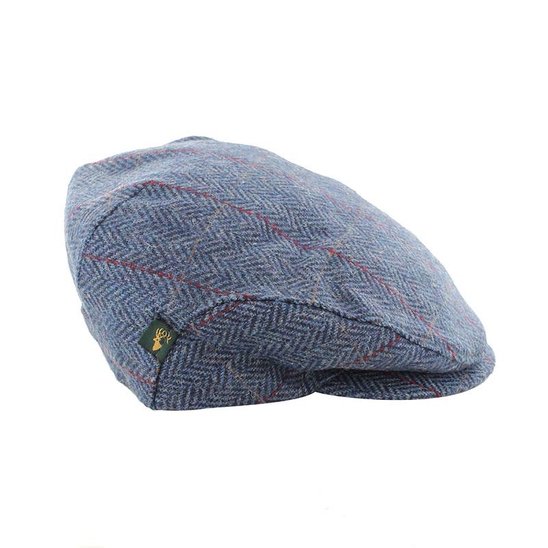 Mucros Weavers Hat: Touring Cap, Skye Blue, Herringbone, Tweed
