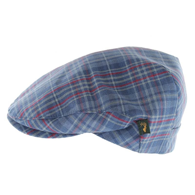 Mucros Weavers Hat: Tailored Cap, Skye Blue Tartan, Linen