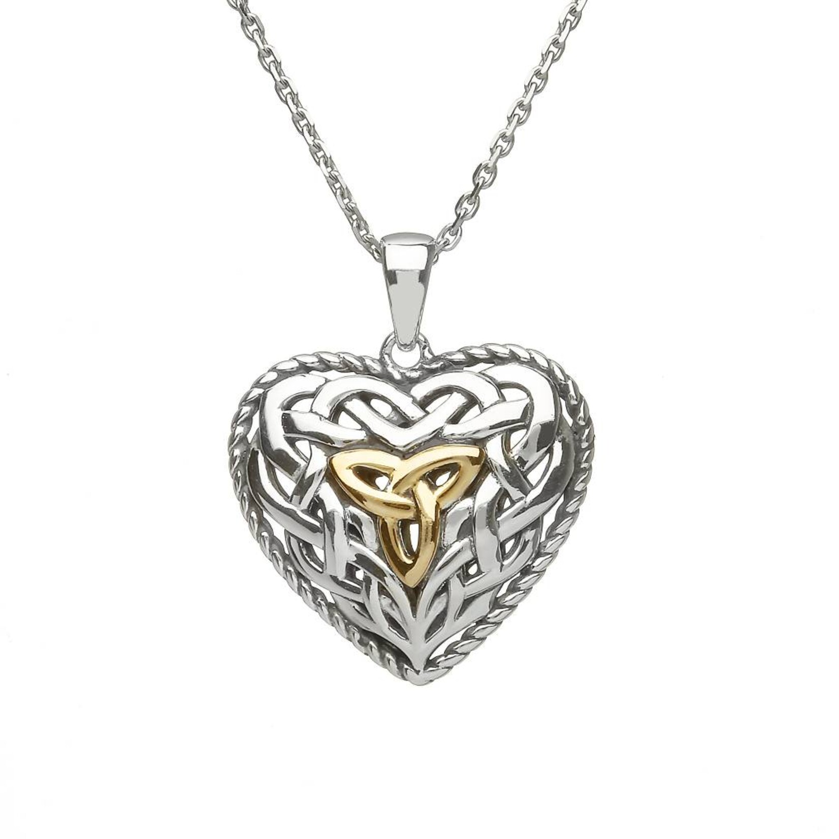 Anu Necklace: SS/Gld 2-Sided Puffy Celtic Heart