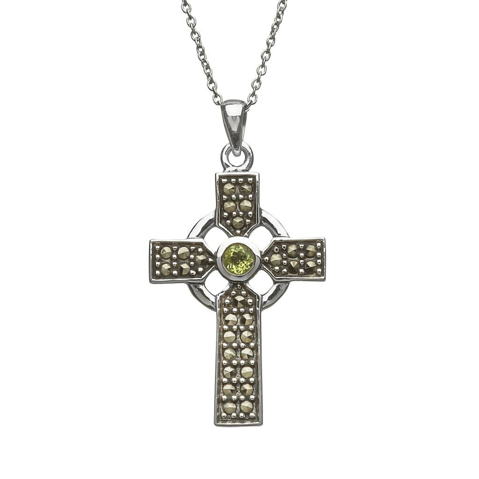 Anu Necklace: SS Marcasite Green CZ Celtic Cross
