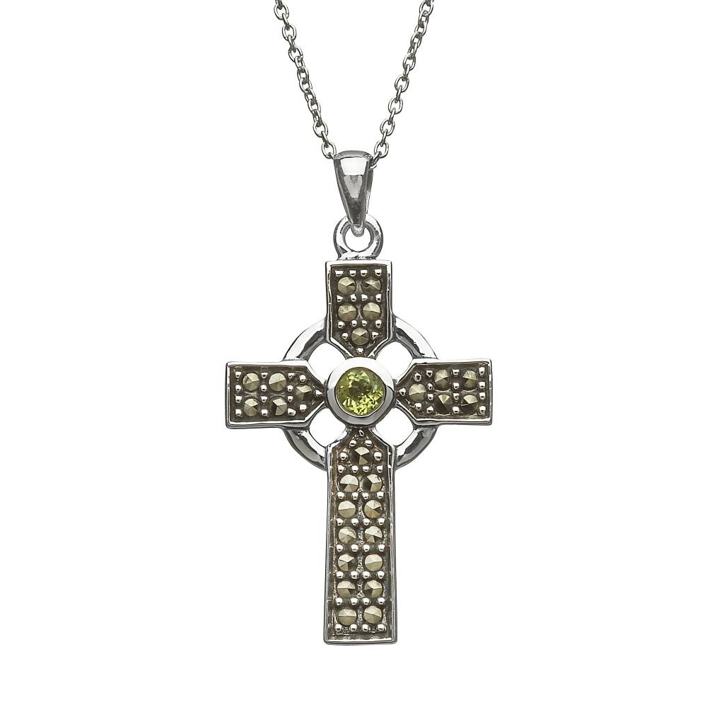 Anu Pendant: SS Marcasite Green CZ Celtic Cross