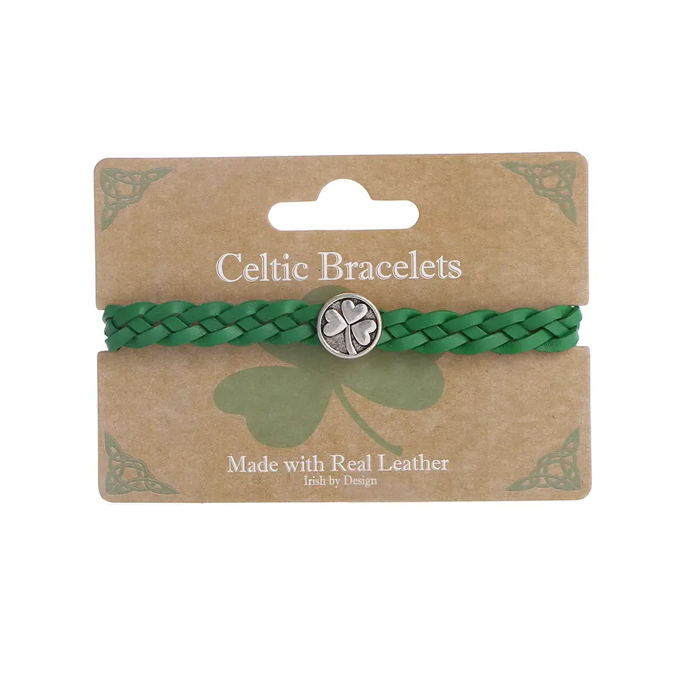 Celtic Ore Crafts Bracelet: Green Leather Shamrock