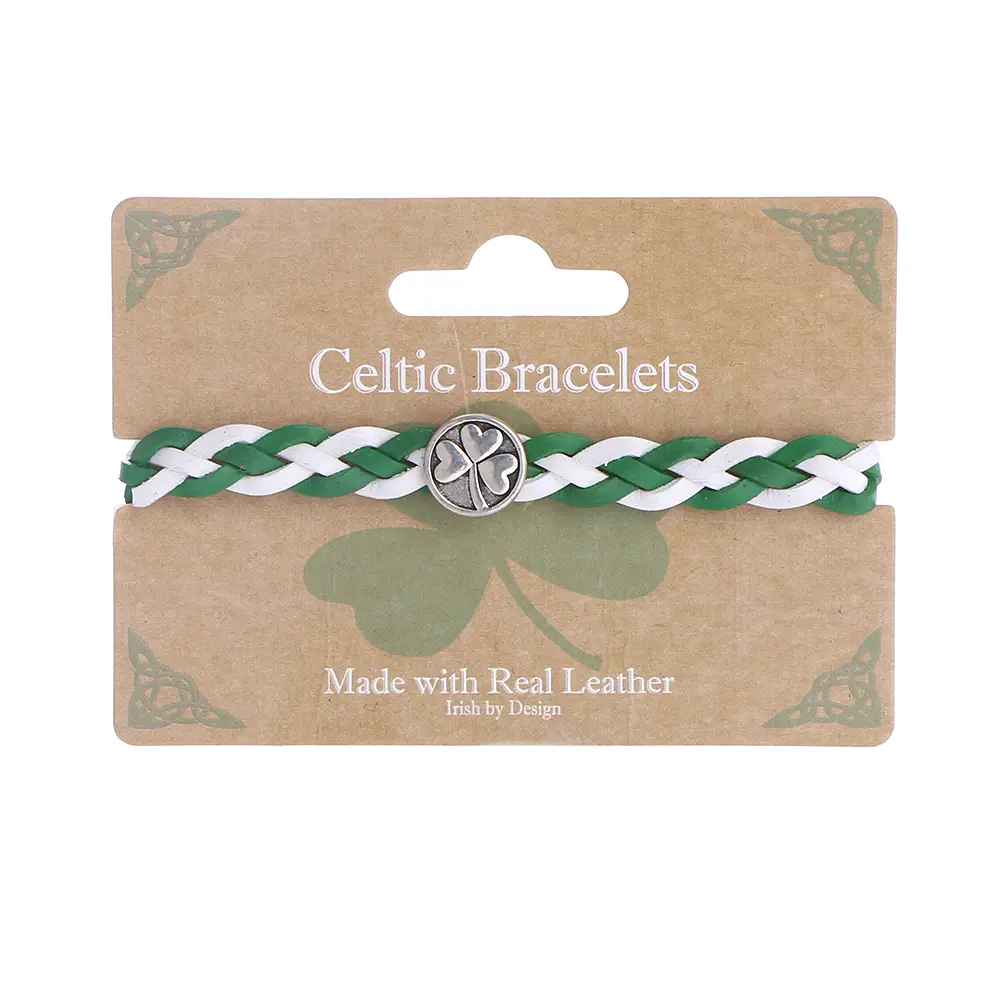 Celtic Ore Crafts Bracelet: Green/White Leather Shamrock