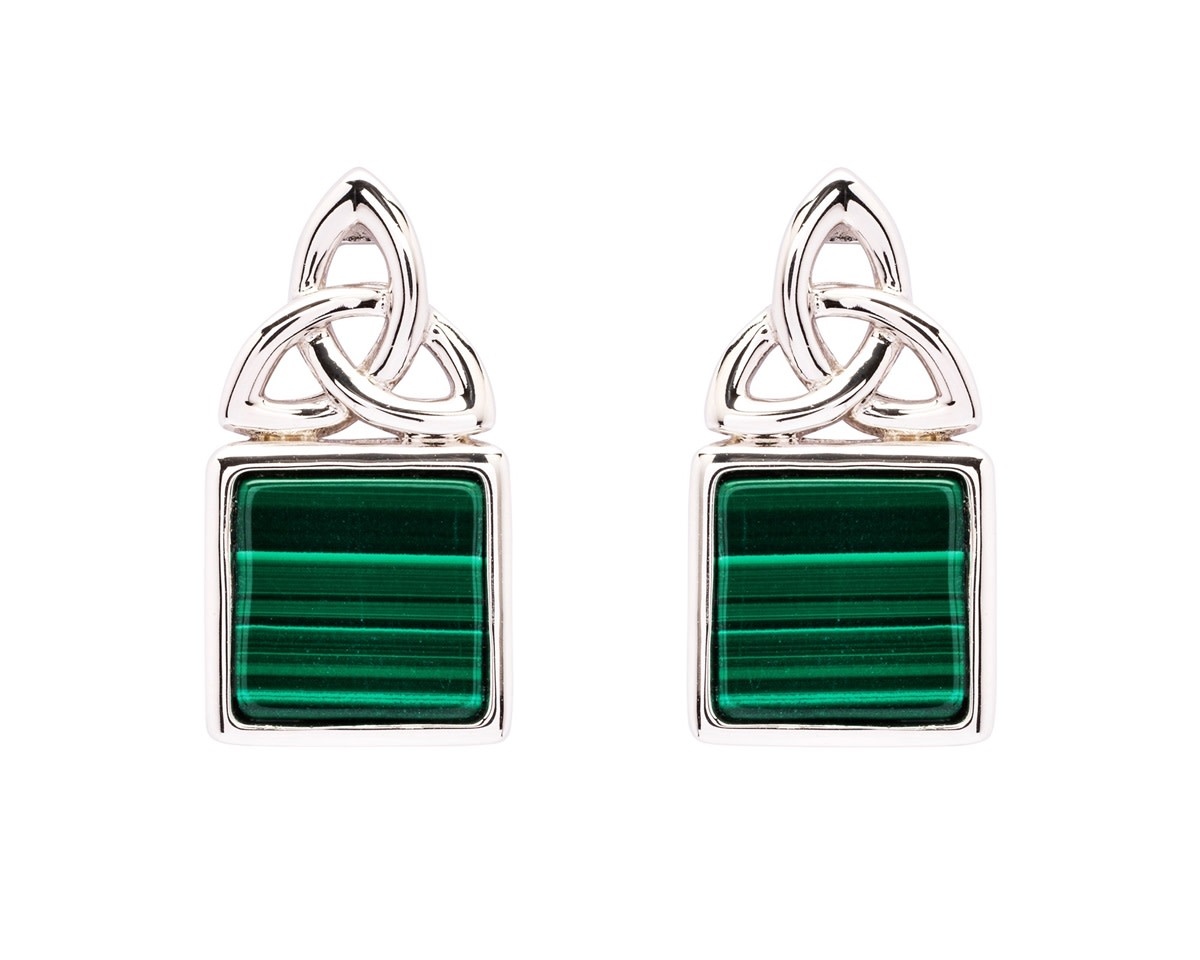 Shanore Earrings: SS Trinity Knot Stud Malachite