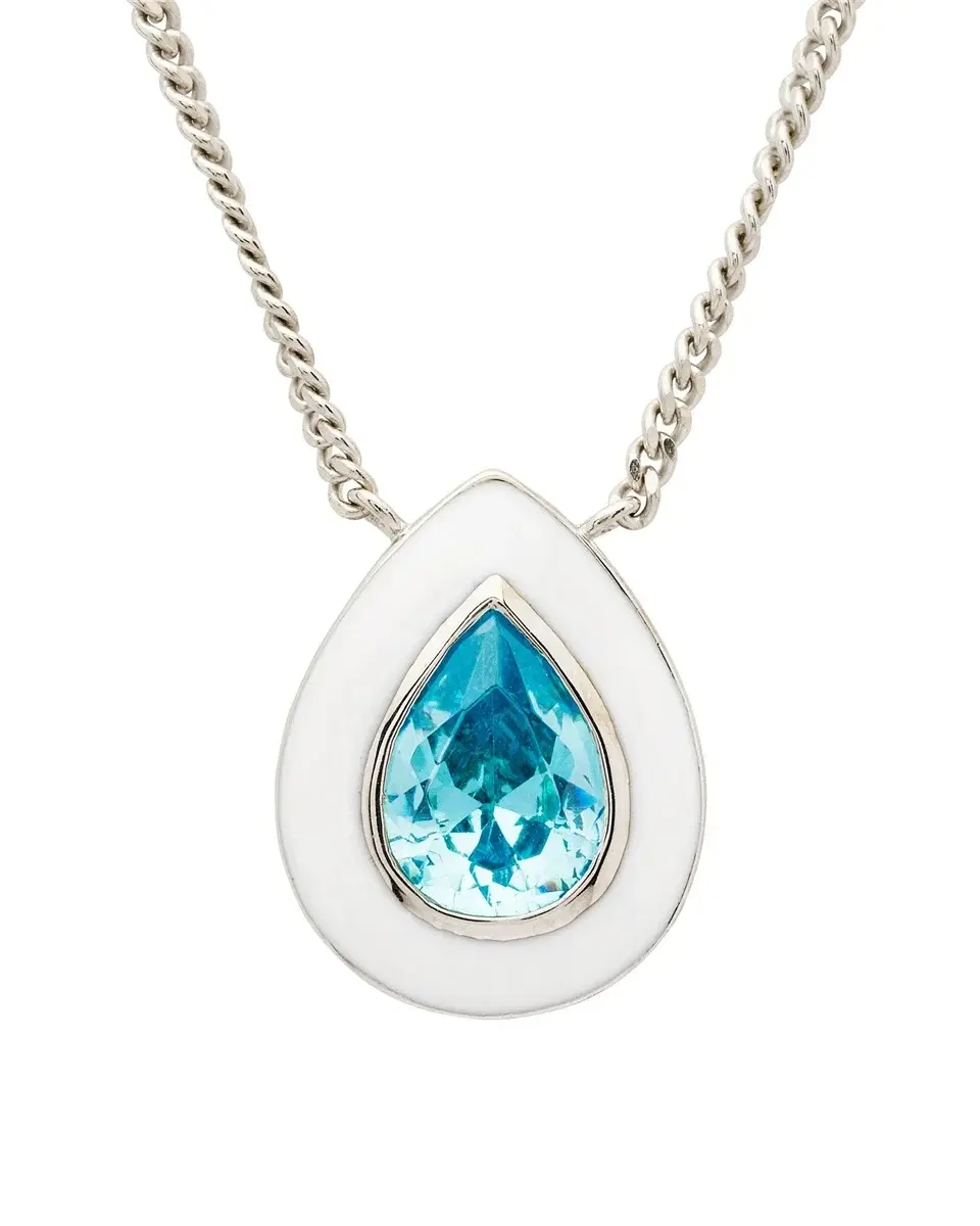 Pendant: SS Aqua CZ White Enamel