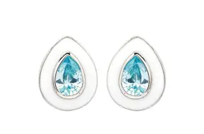 Earrings: SS Aqua CZ White Enamel