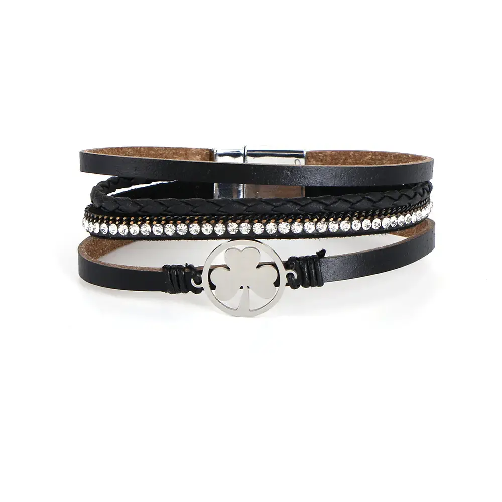 Celtic Ore Crafts Bracelet: Black Leather Shamrock