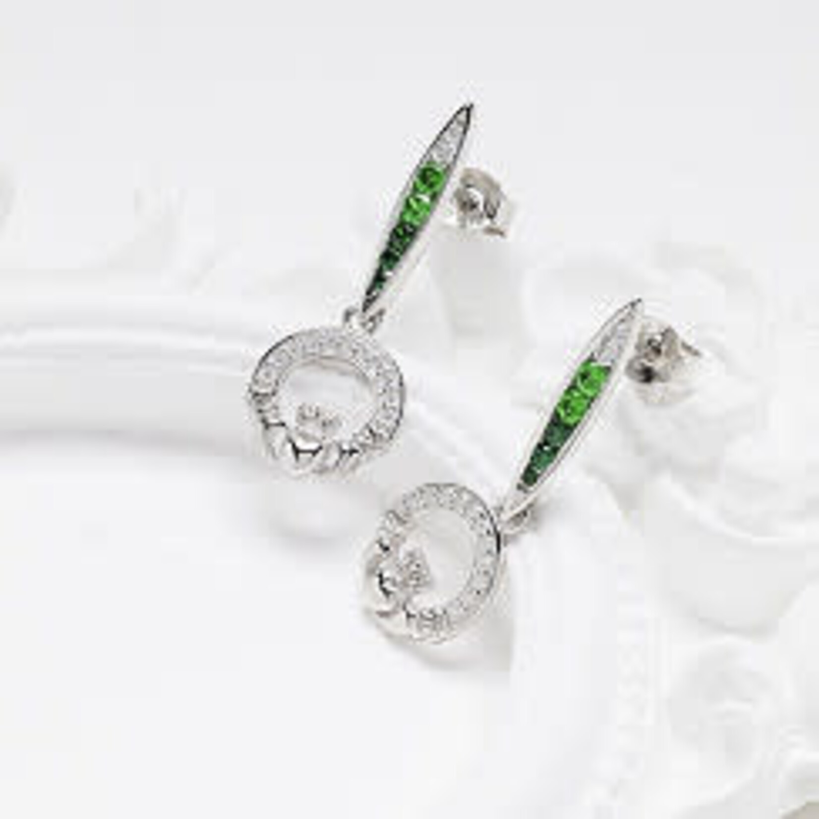 Earrings: SS Green/White CZ Claddagh
