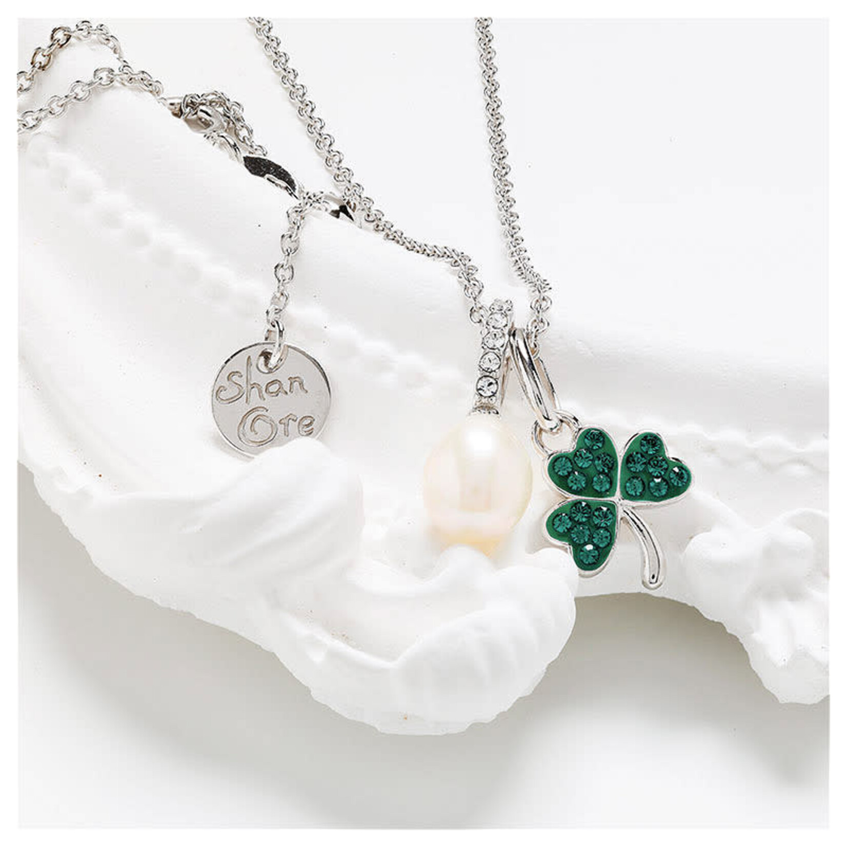 Shanore Necklace: SS Pearl/Crystal Shamrock
