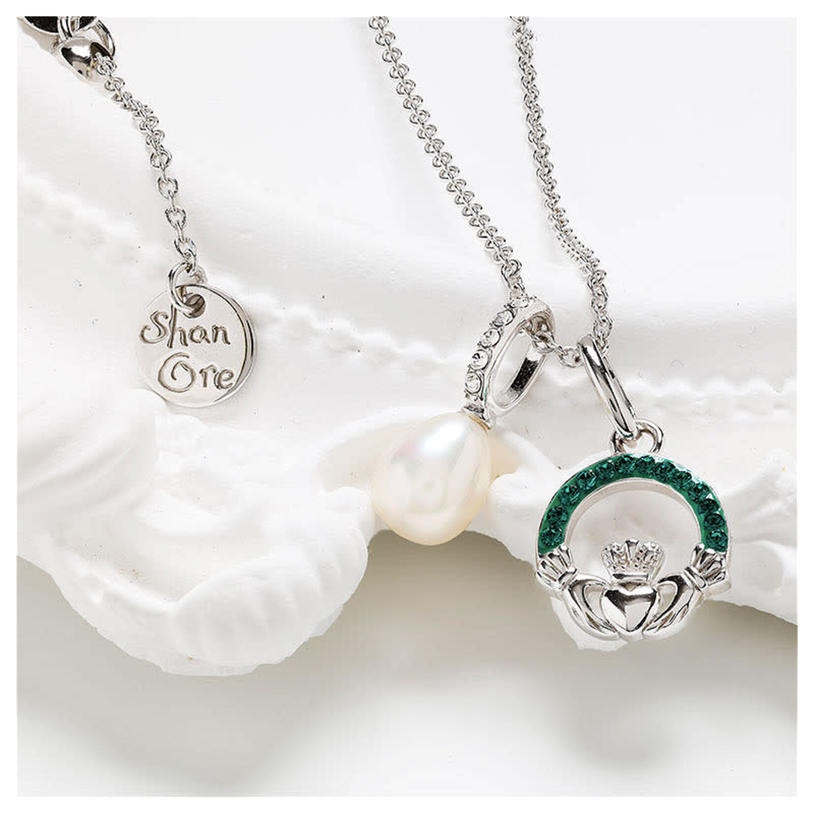 Shanore Necklace: SS Pearl/Crystal Claddagh
