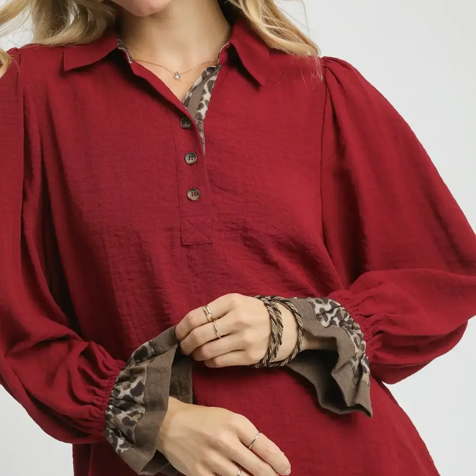 Shirt: Long Sleeve Burgundy/Leopard