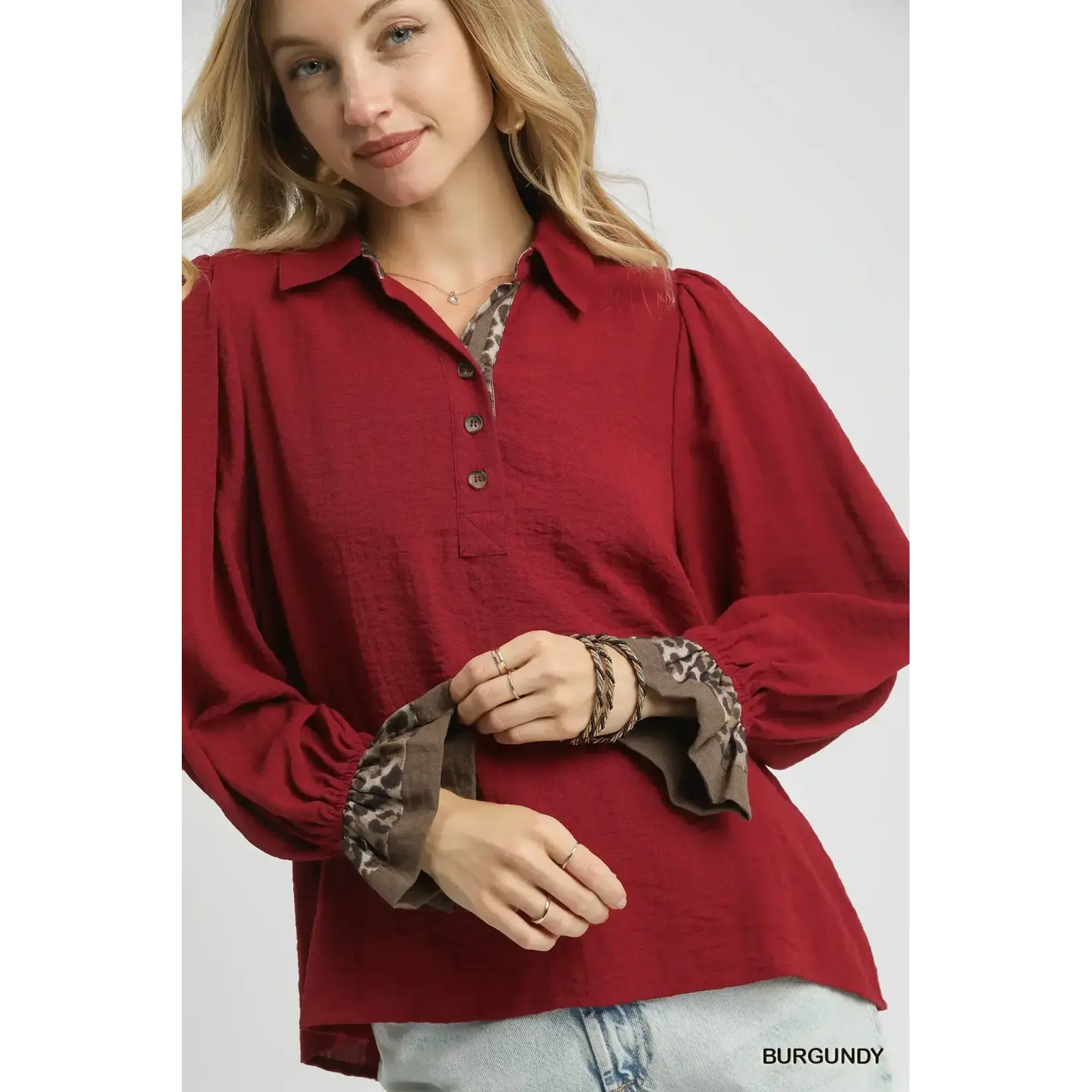 Shirt: Long Sleeve Burgundy/Leopard