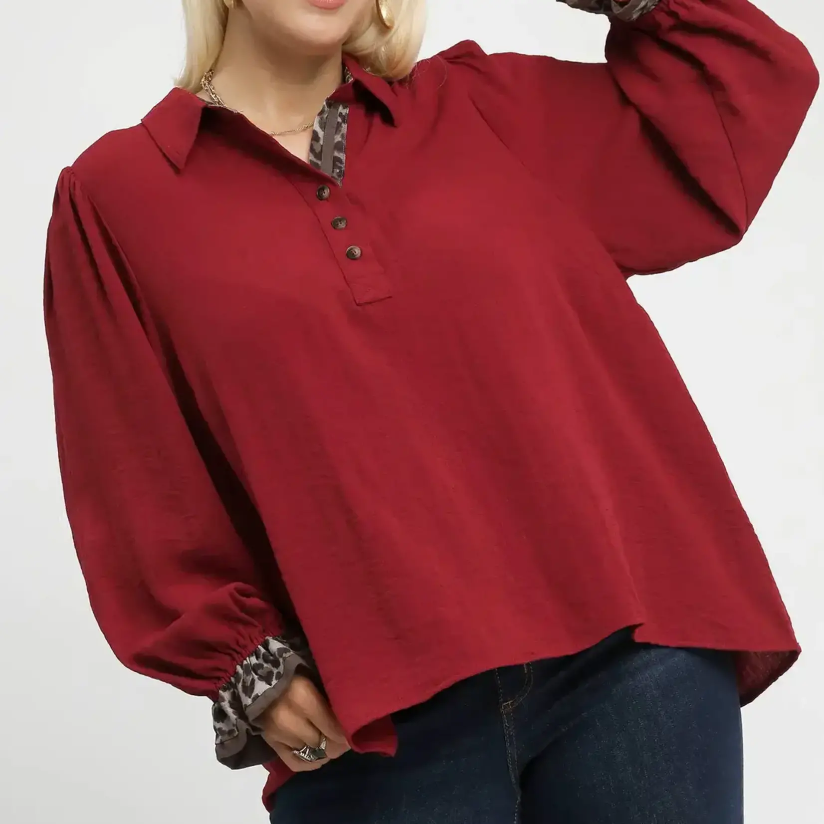 Shirt: Long Sleeve Burgundy/Leopard
