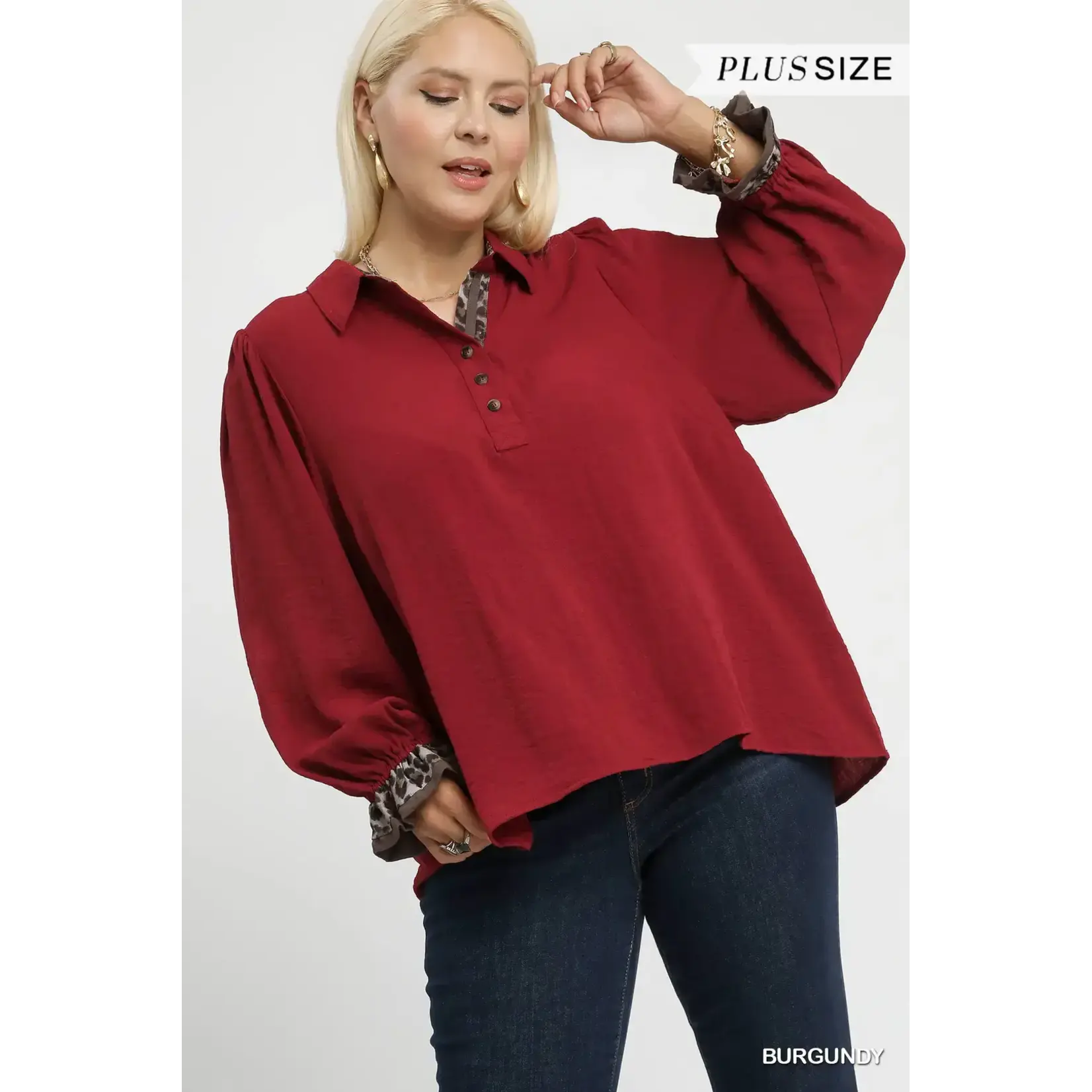 Shirt: Long Sleeve Burgundy/Leopard