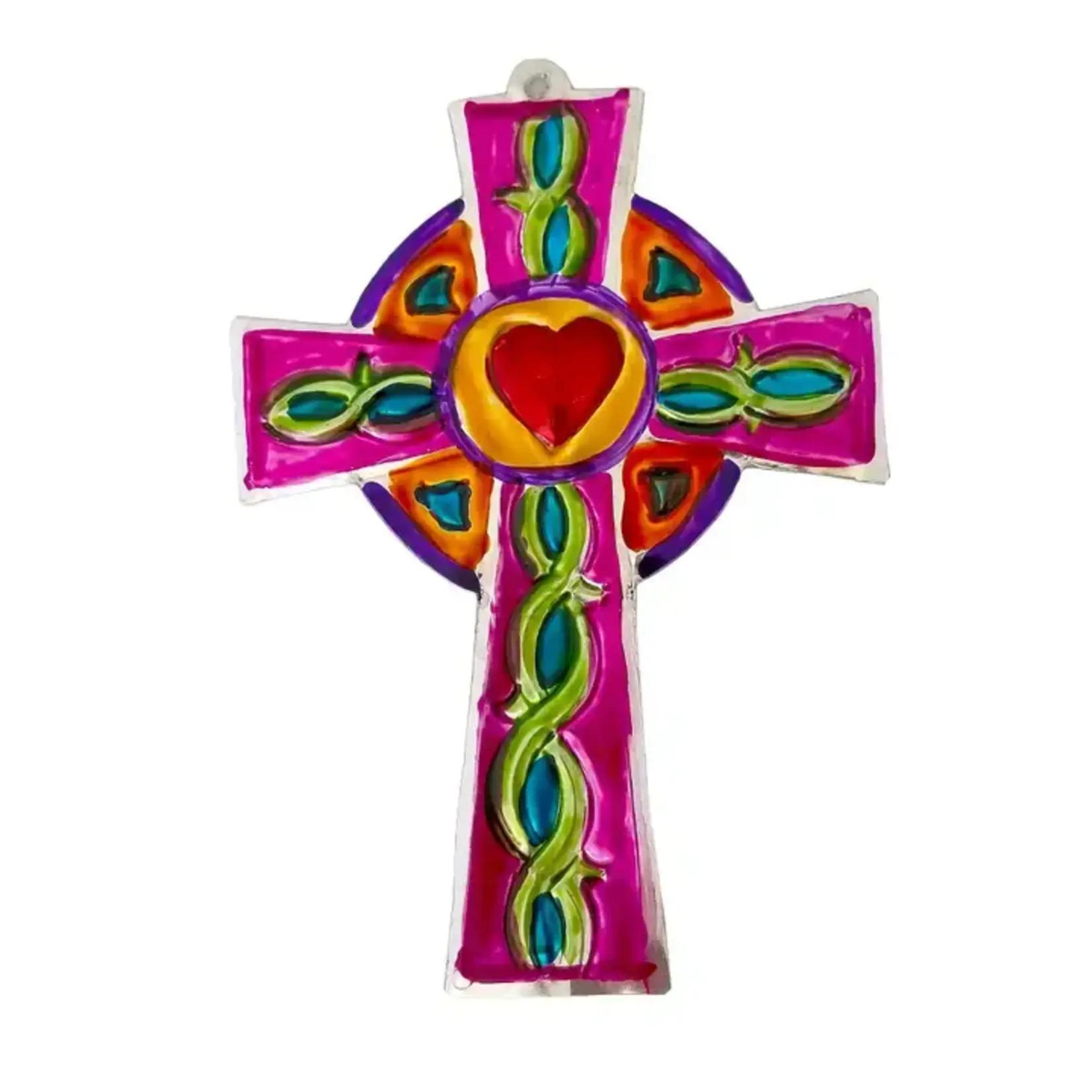 Ornament: Tin Colorful Celtic Cross with A Heart