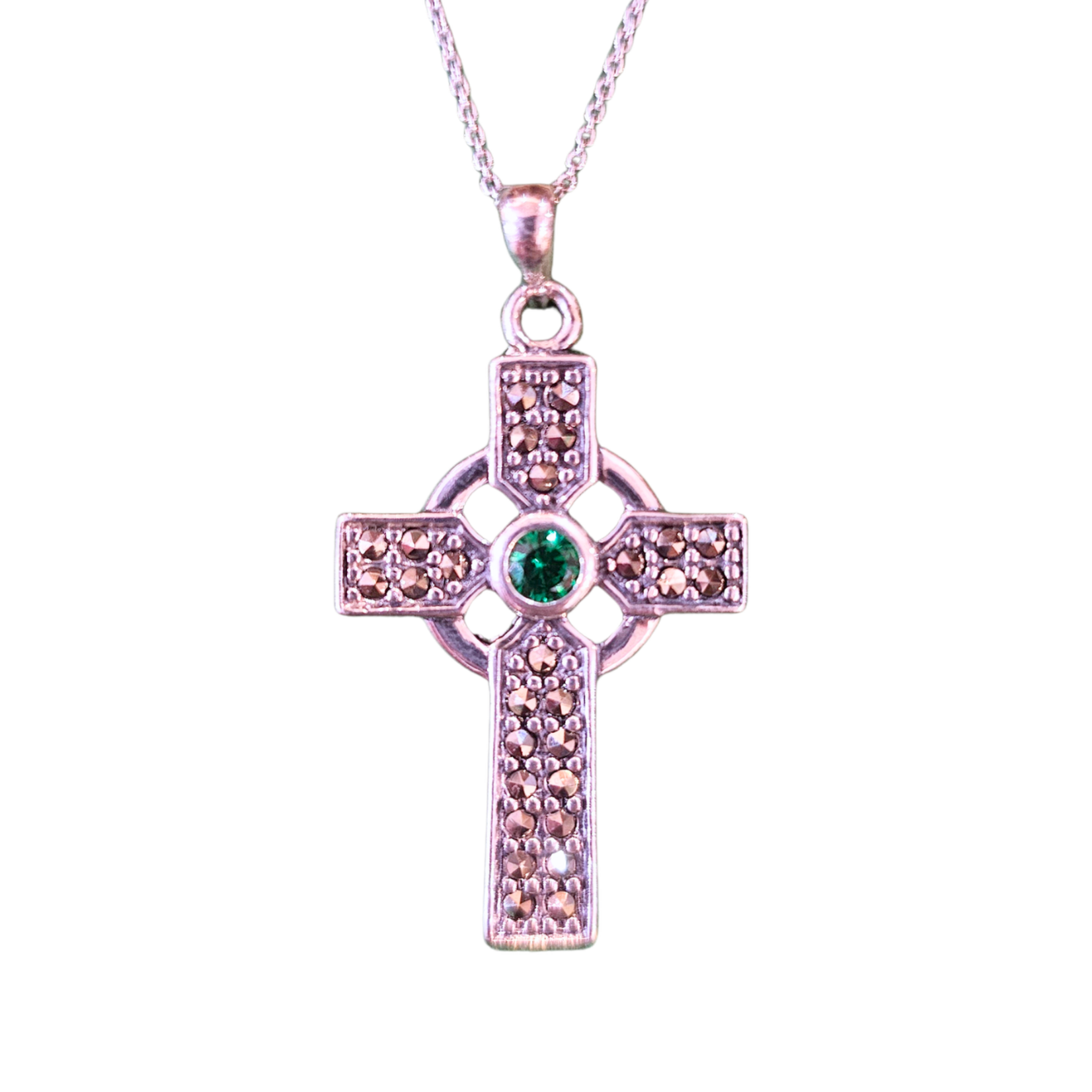 Necklace: SS Marcasite Green CZ Celtic Cross