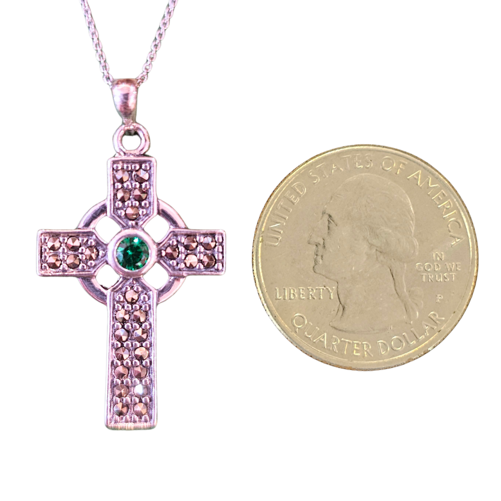 Necklace: SS Marcasite Green CZ Celtic Cross