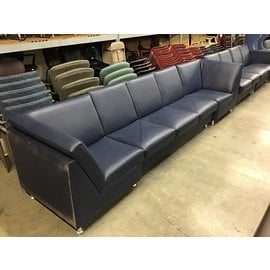 134x33” 3pc Blue vinyl couch - some wear/nics throughout (05/03/2022)