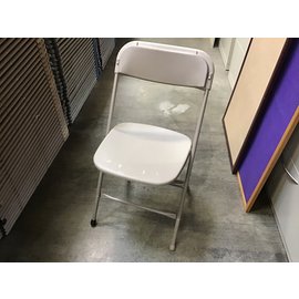 Beige plastic seat metal frame folding chair- scratches; warn spots, missing foot caps/see picture for more details 4/25/24