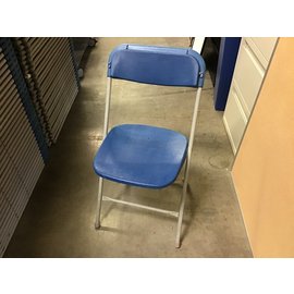 Blue plastic seat metal frame folding chair-scratches, warn spots, missing foot caps, normal ware  throughout/see pictures for more details (2/1/23)