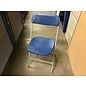 Blue plastic seat metal frame folding chair-scratches, warn spots, missing foot caps, normal wear throughout/see pictures for more details 4/25/24